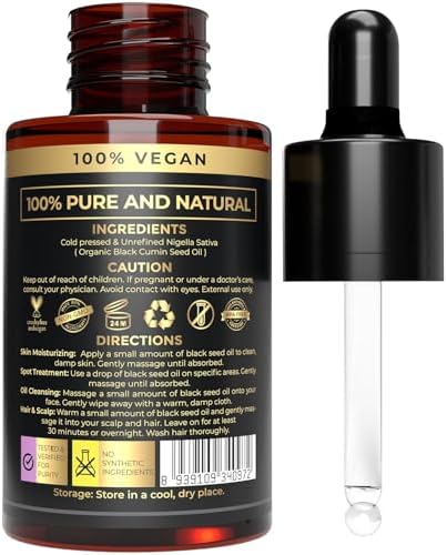 100% Plant Based Black Seed Oil Organic Cold Pressed - Nigella Sativa Black Cumin Seed Oil for Skin & Face - BlackSeed Drops for Hair Growth & Skin Moisturizing
