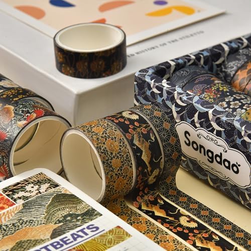 12 Rolls Kyoto Charm Washi Tape Set Japanese Arts Adhesive Tapes Geometric Garden Decorative Masking Tape Sets for Craft, Kids, Scrapbook, DIY, Gift Wrapping (Black Elegance)