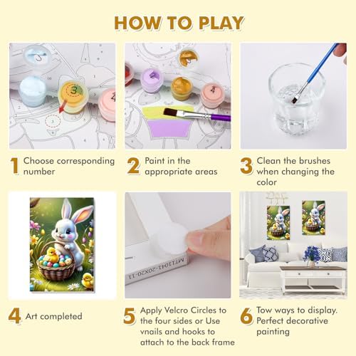 Bowetile Framed Paint by Numbers Easter Kit for Adults, Adults' Paint-by-Number Bunny Kits on Canvas, Painting by Numbers Rabbit, DIY Acrylic Number Painting for Home Wall Decor, 8x12in