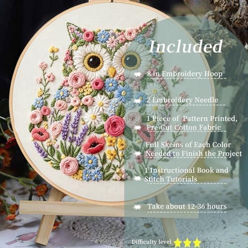 FONNUY Floral Owl Embroidery Kit for Beginners, DIY Handmade Flower Animal Embroidery Set with Hoop, Stamped Cross Stitch Kit for Adults, Unique Home Wall Art Decor & Craft Gift (Colorful)