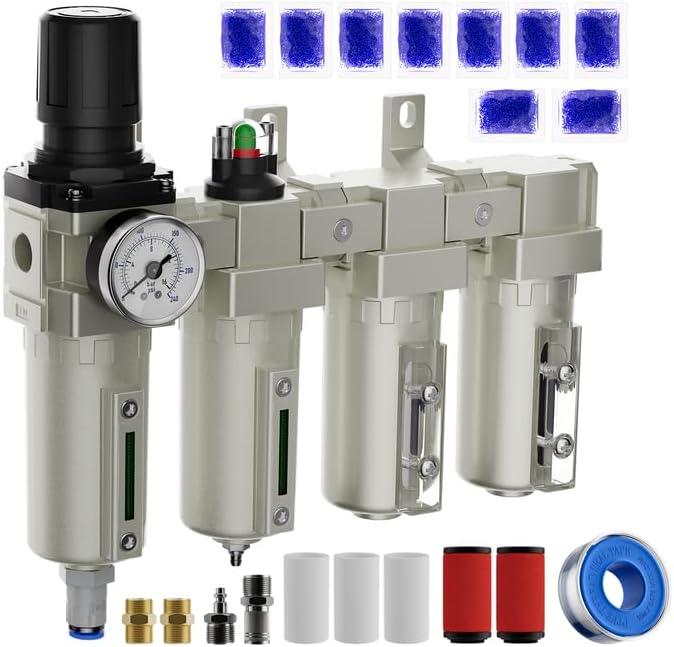 3/4" NPT Air Compressor Water Separator, Industrial 4 Stage Air Drying System for Compressor, High Flow Air Filter Regulator Auto Drain Oil Water Separator for Sandblasting & Spray Painting