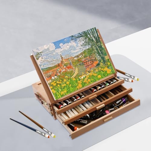 Large Adjustable Tabletop Easel with 3 Storage Drawers & Palette, Portable Solid Beech Wood Sketch Box Art Station for Painting, Desktop Travel Easel for Adults, Artists, Students,Beginners