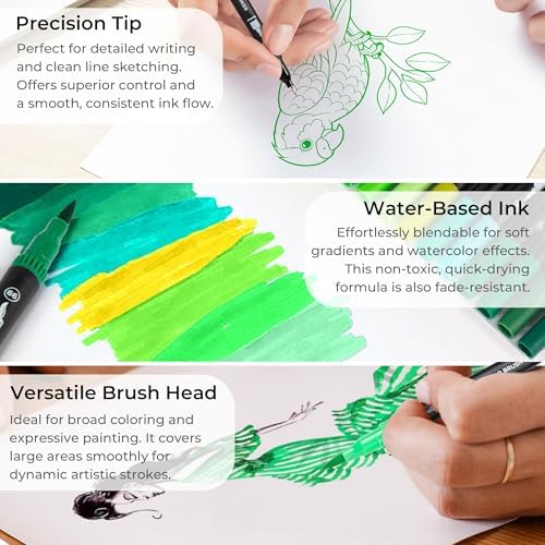 Green Duo Tip Marker Pens, 12 Fine & Brush Tip Pen For Adult Coloring Books