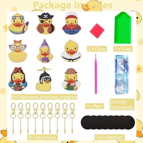 Bulerrylulu 9 Pcs Duck Diamond Painting Magnets Kits Fridge Magnet Stickers Diamond Art Painting Keychains Gem Painting kit for Beginners Adults DIY Art Craft Gifts Home Decors
