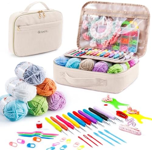 MYBAGZING Crochet Kit for Beginners with Yarn Storage Bag, 10pcs Crochet Hooks 2.0-6.0 mm, 10 Skeins Yarn for Crocheting, Knitting Accessories, 58pc Crochet Starter Kit for Adults