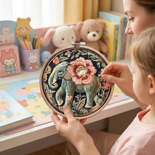 SCECALA 4 Pack Elephant Floral Embroidery Kit for Beginners