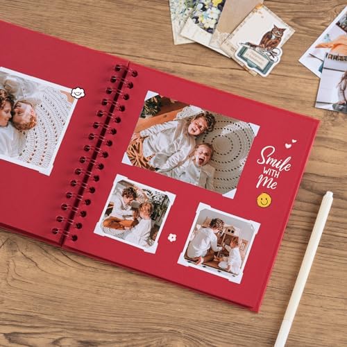 potricher 8 x 8 Inch DIY Scrapbook Album 40 Pages with Kraft Paper, Red | Thick Kraft Paper Scrap Book Photo Albums, Memory Book for Wedding, Anniversary, Baby, Family, Travel, DIY Projects