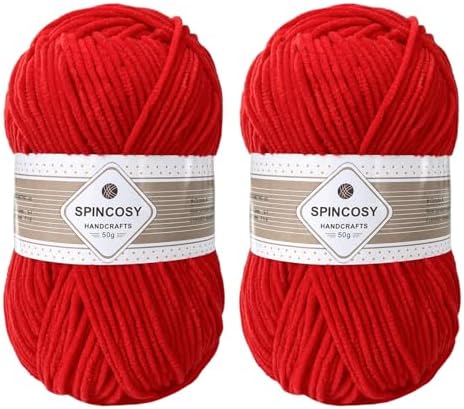 Skinny Chenille Yarn, 2 Pack of 50g/120 Yards Fluffy Soft Polyester Crochet Yarn Sutible for Colorful DIY Crafts Blankets Plush Dolls (Bright Red)