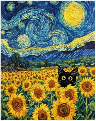xcemhil Cat Paint by Numbers Kit for Adults, Sunflower Paint by Numbers for Adult, Starry Sky Acrylic Paint by Number Kits Suitable for Home Wall Art Decor Gifts 16x20 Inch
