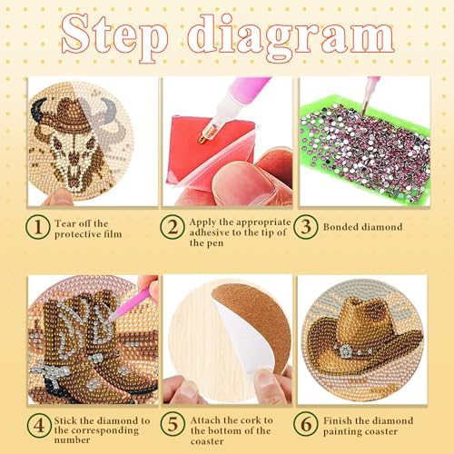 DOTSOPS 8 Pcs Cowboy Diamond Painting Coasters with Holder for Beginners