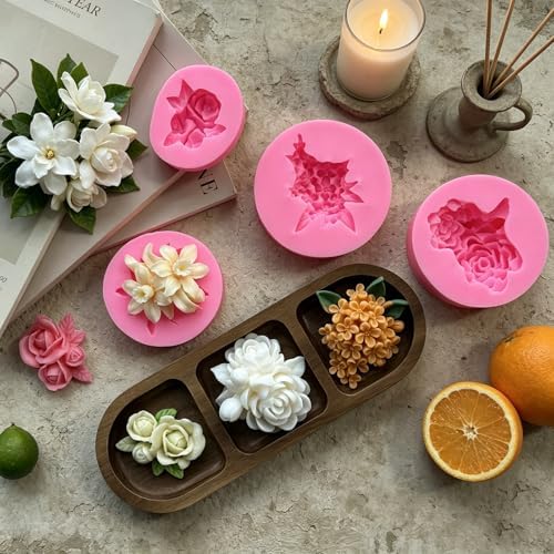 4 Pcs Flower Silicone Molds, Flower Candle Molds for Candle Making,3D Floral Silicone Resin Mold Rose Gardenia Fondant Mold for Chocolate Cake Decorating Soap Wax Resin Crafts