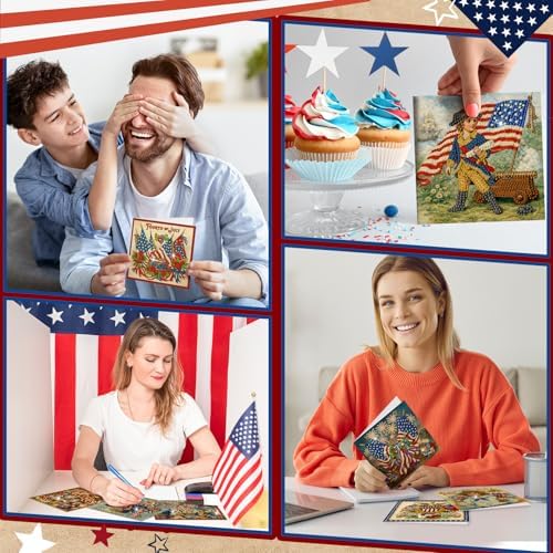 Saillong 12 Pack Vintage 4th of July Diamond Painting Greeting Card Kits Patriotic Diamond Art Cards with Envelopes Retro Red White Blue 5D Rhinestones Painting Making Kits for Adults DIY Craft Gifts