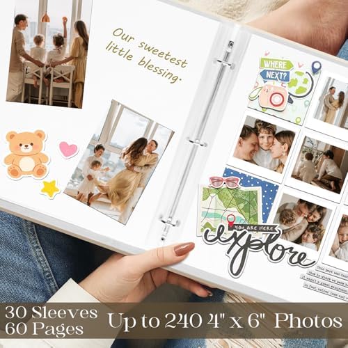 Vienrose Linen Scrapbook Photo Album Kit, Large 3 Ring Binder Scrapbook with 30 Plastic Sleeves, 15x13 Inch DIY Memory Book for Wedding, Baby Shower, Family & Kids Keepsake Gift, Beige