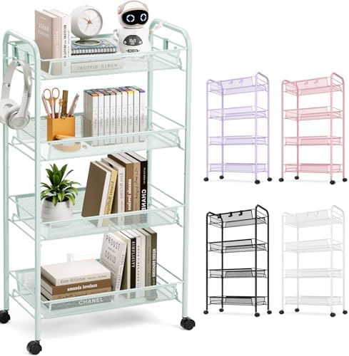 TOOLF 4 Tier Rolling Cart, Metal Utility Storage Cart with Wheels, Green | 3 Hooks, Screwless Assembly, Trolley Organizer for Bathroom, Kitchen, Office, Nursery, Dorm, Laundry Room