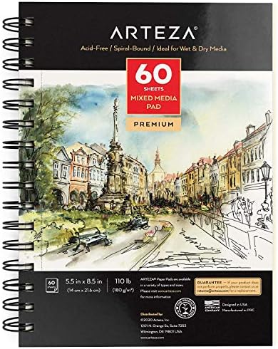 ARTEZA Mixed Media Sketchbook, 5.5 x 8.5 Inches, Pack of 1, 60 Sheets, Micro-Perforated Spiral-Bound Paper Pad for Wet and Dry Media