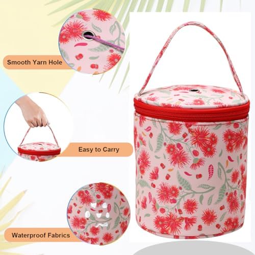 Mini Yarn Storage Small Size Yarn Bag for Crocheting with Holes,Empty Round Knitting Tote Bags protable Yarn Holder,Perfect for Travel,Beginner & Crocheter(Red Dandelion)