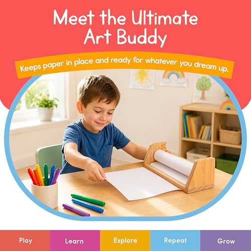 Wooden Kids Paper Roll Dispenser with 12" x 75 ft Art Paper Roll – Tabletop Easel for Drawing, Painting & Crafts – Smooth Easy-Pull Holder for Creative Play – 7 Days of Play