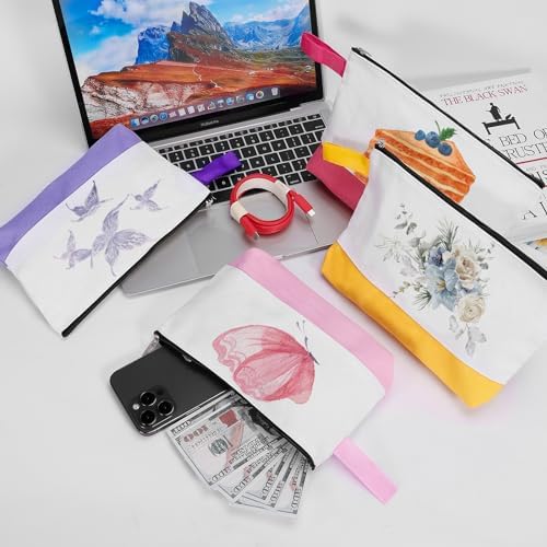 10 Pieces Cotton Canvas Makeup Bag with Bottom and Strap, Multi-Purpose Cosmetic Bag with Zipper Travel Toiletry Pouch, Blank DIY Craft Bag (Multicolor 03, M)