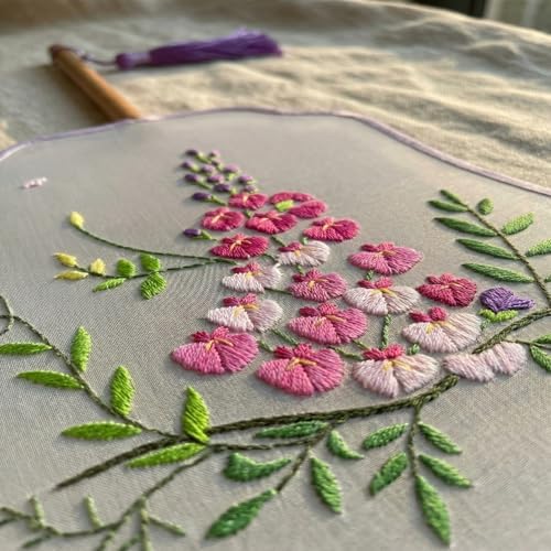 QIZUOLIFE Embroidery Fan Kit for Beginners, pre-Printed Wisteria Pattern
