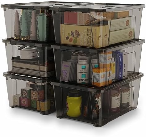 WYT 5-Quart Small Plastic Storage Container Bin with Secure Lids and Latch Buckles, Black Clear Durable Stackable Nestable Organizin, 6-Pack