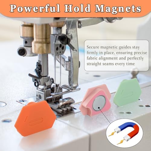 3 Pack Magnetic Seam Guide for Sewing Machine with 60pcs Sewing Clips Guide with Scale Sewing Supplies(Green,Orange and Pink)