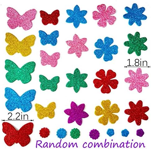 Glitter Foam Flower and Butterfly Shapes Stickers, Self-Adhesive Stickers Kid's Arts Crafts Supplies for Greeting Cards DIY Scrapbooking Cards Creative Toys Home Decoration (Random Colors)