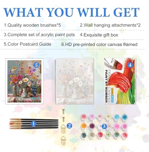 PRASIO Framed Paint by Numbers Kit for Adults Beginner, Vintage Flowers Adult Paint by Number Kits on Canvas Framed, DIY Acrylic Watercolor Oil Paint by Numbers with Frame for Home Decor 16x20 Inch