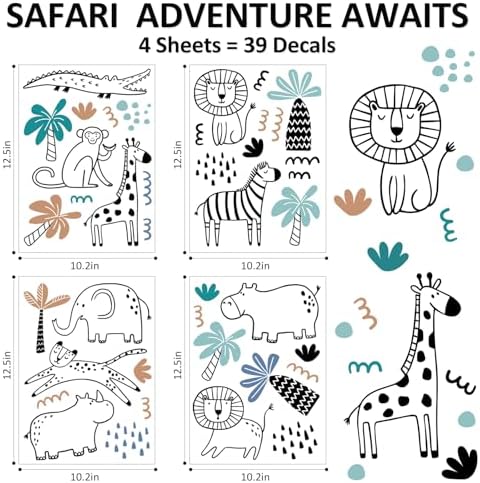 AOWDIAO Safari Wildlife Animal Wall Decals Line Art Peel & Stick Decor for Kids’ Room & Nursery