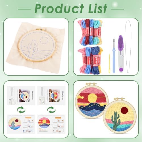 ERKOON Punch Needle Kit Adults Beginners, 2 Pcs DIY Easy Landscape Embroidery Set for Starter Art Craft, Needling Punching Project with Patterns, Tools, Yarns, Hoop, Instruction (Desert & Afterglow)