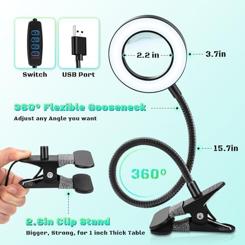 10X Magnifying Glass with Light and Stand,Hands Free Clip on Magnifier Lamp