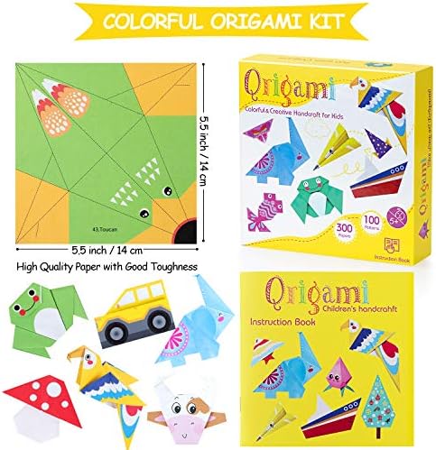Origami Paper for Kids, 300 Sheets Colorful Origami Paper Kit 5.5Inch, 100 Origami Projects & Easy Origami Book Origami Kit for Kids, Creativity Training & Brain Development Origami Set for Kids