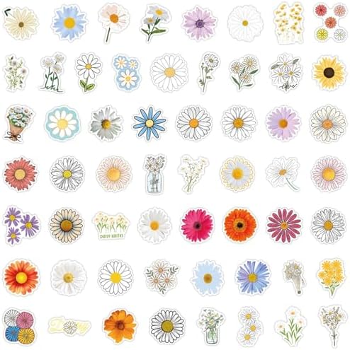 Cute Daisy Flower Stickers.55Pcs Beautiful Plants Vinyl Waterproof Flower Stickers for Water Bottles Laptop Luggage Journaling,Party Rewards Decals for Teens Adults Gifts,Scrapbook(Colourful-K8)