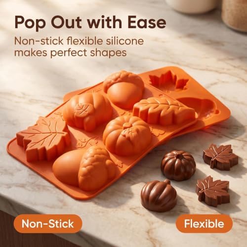 2Pcs Pumpkin Silicone Mold - 3D Fall Silicone Mold Thanksgiving Candy Mold Autumn Maple Leaf Acorn shape Chocolate Mold Soap Candy Cake Pan Baking Molds for Cake Cupcake Decoration
