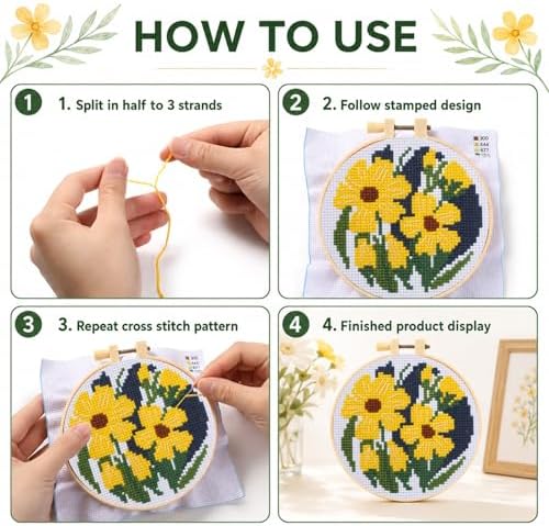 ZOIIWA 6PCS Flower Embroidery Kit for Beginners Adults Summer Cross Sewing Kits DIY Starter Hand Embroidery Kit with Needlepoint Patterns Hoop Threads Needles Instructions Craft Gift for Home Decor