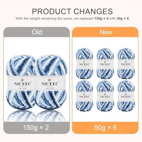NICEEC 2 Skeins Soft Chenille Yarn 2 x255m (2X 279yds, 3X 150g)_Blue White