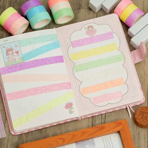 Glitter Washi Tape Set 6 Rolls Sparkling Foil Decorative Sprinkle Colored Masking Tapes for Arts, DIY Crafts, Journals, Planners, Scrapbook, Wrapping (6 Colors)