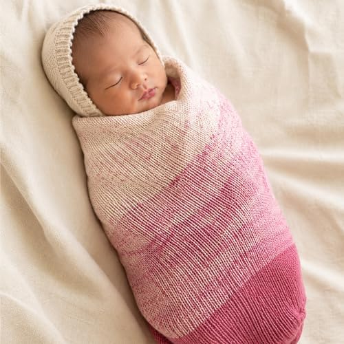 Gradient Baby Blanket Kit | Baby Bloom | 4 Balls of Gradient Yarn, 50% Cotton and 50% Viscose | Knitting Pattern Included | Revolution Fibers (Rose Dust Red)