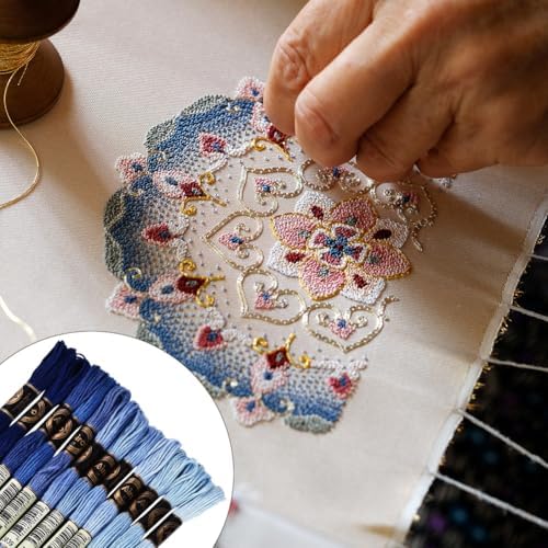 105 Yards 12 Skeins Gradient 6 Strands Marine Blue Cross Stitch Thread Polyester Variegated Embroidery Floss Friendship Bracelet String Assorted Bulk for Hand Sewing Making Knitting Supply