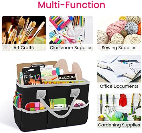 Desktop Tote and Stock Organizer, Teacher Helper Tote Bag Organization for Arts, Books, Stationery, Office Desk Organizer, Make-up Storage Tote with Handles for Travel, Black-Gray