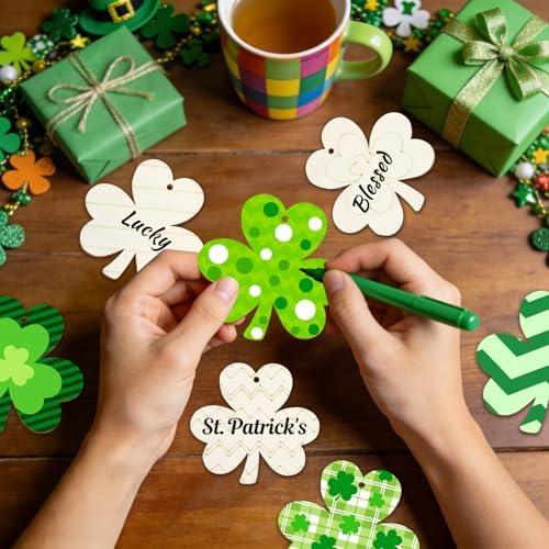 80PCS Wooden Shamrock Ornaments to Paint St. Patrick's Day Decorations, 8 Styles DIY Blank Unfinished Wood Shamrock Cutouts Ornament for Tree Home Crafts Hanging Gifts Indoor Spring Farmhouse