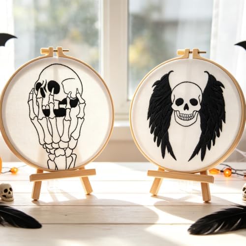 Skull Halloween Embroidery Kits for Beginners Adults, Gothic Embroidery Sets Needlepoint Kits, Halloween Stamped Cross Stitch Kits for Beginners Adults, 2 Embroidery Hoops (Attached Video Tutorial)