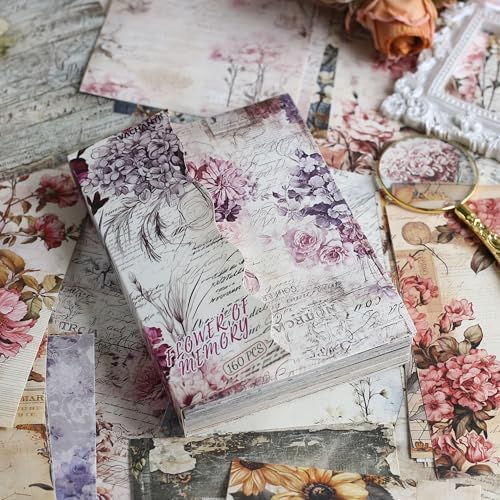 160 Sheets Vintage Flower Scrapbook Paper, Junk Journal Supplies, Purple Pink Flowers with Cursive Script No Repeating Perfect for Junk Journal DIY Cards Craft Albums Scrapbooking Supplies (Purple)