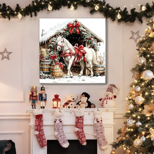 VIGEGU 4 Pack Christmas Paint by Numbers Kit for Adults with Framed,Cow Horse Deer Cardinal Lantern House Paint by Number DIY Adult Paint by Number Kits for Wall Decor 10x10in