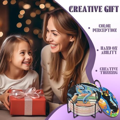 NEGEKFKX 8 Pcs Dragon Book Diamond Art Painting Coasters Kits, Coaster with Holder for Adults, Non-Slip DIY Dot Paint Craft Kits,5D Full Drill DIY Diamond Dot Gem Art Kit Home Decor Arts Craft