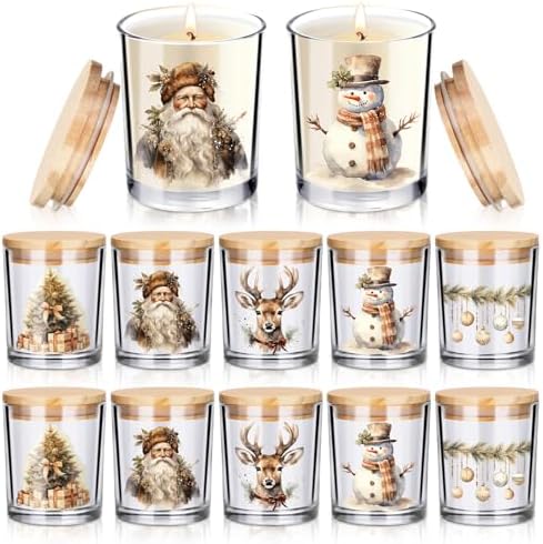 Ziliny 10 Pcs Vintage Brown Christmas Glass Candle Jars Empty Containers Bulk 7 oz Farmhouse Glass Jars with Cork Lids Tins for Xmas Holiday Candle Making Storing Biscuits Tea Party Favors