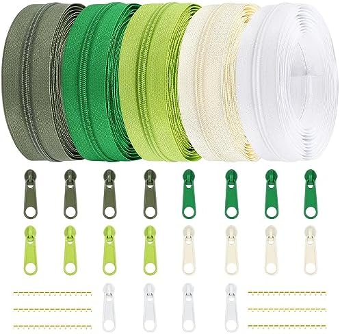 DOITEM 15.3 Yards/ 14 m 5 Pieces Assorted Colors #3 Nylon Coil Zippers, Sewing Zippers Endless Zips with 20 Pieces Zipper Sliders Zip Heads for DIY Sewing Tailor Craft Supplies (Green White)