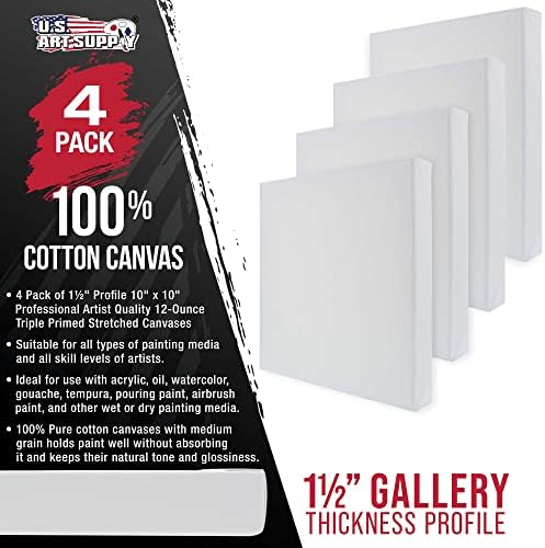U.S. Art Supply 10"x10" Stretched Canvas for Painting, Gallery Depth 4-Pack | Square, 1-1/2" Thick - 12oz Acrylic Gesso Triple Primed, Professional Artist Quality, 100% Cotton - Oil, Pouring Paint