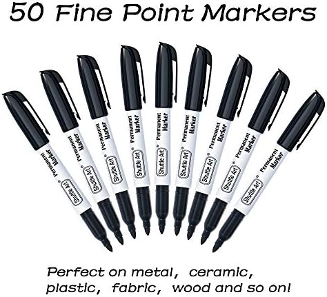 Shuttle Art Permanent Markers, 50 Pack Black Permanent Marker set,Fine Point, Works on Plastic,Wood,Stone,Metal and Glass for Doodling, Marking