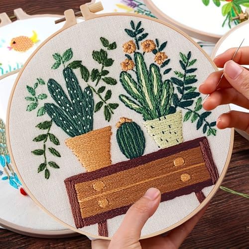 ZuoAnLF 3 Set Embroidery Starter Kit Printed Cross Stitch Kit with Plant Shelf Patterns for Adults, Home Decor and Gifts