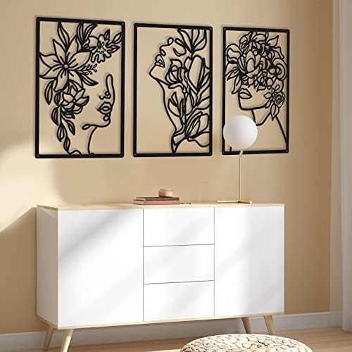 CHENGU 3 Pieces Metal Minimalist Abstract Woman Wall Art Line Drawing Wall Art Decor Single Line Female Home Hanging for Kitchen Bathroom Living Room